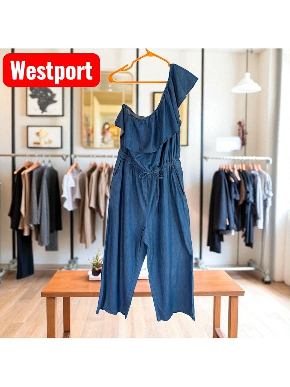 Westport-size 14 chambray jumpsuit. 1 shoulder, drawstring waist, pockets. EUC!